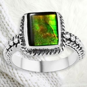 NWT RARE CANADIAN AMMOLITE SOLITAIRE RING IN STERLING SILVER SZ 7.0